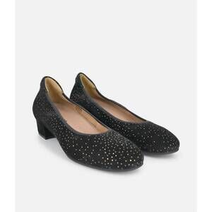 NEW PIESANTO women's dressy low block suede heels in black/bronze